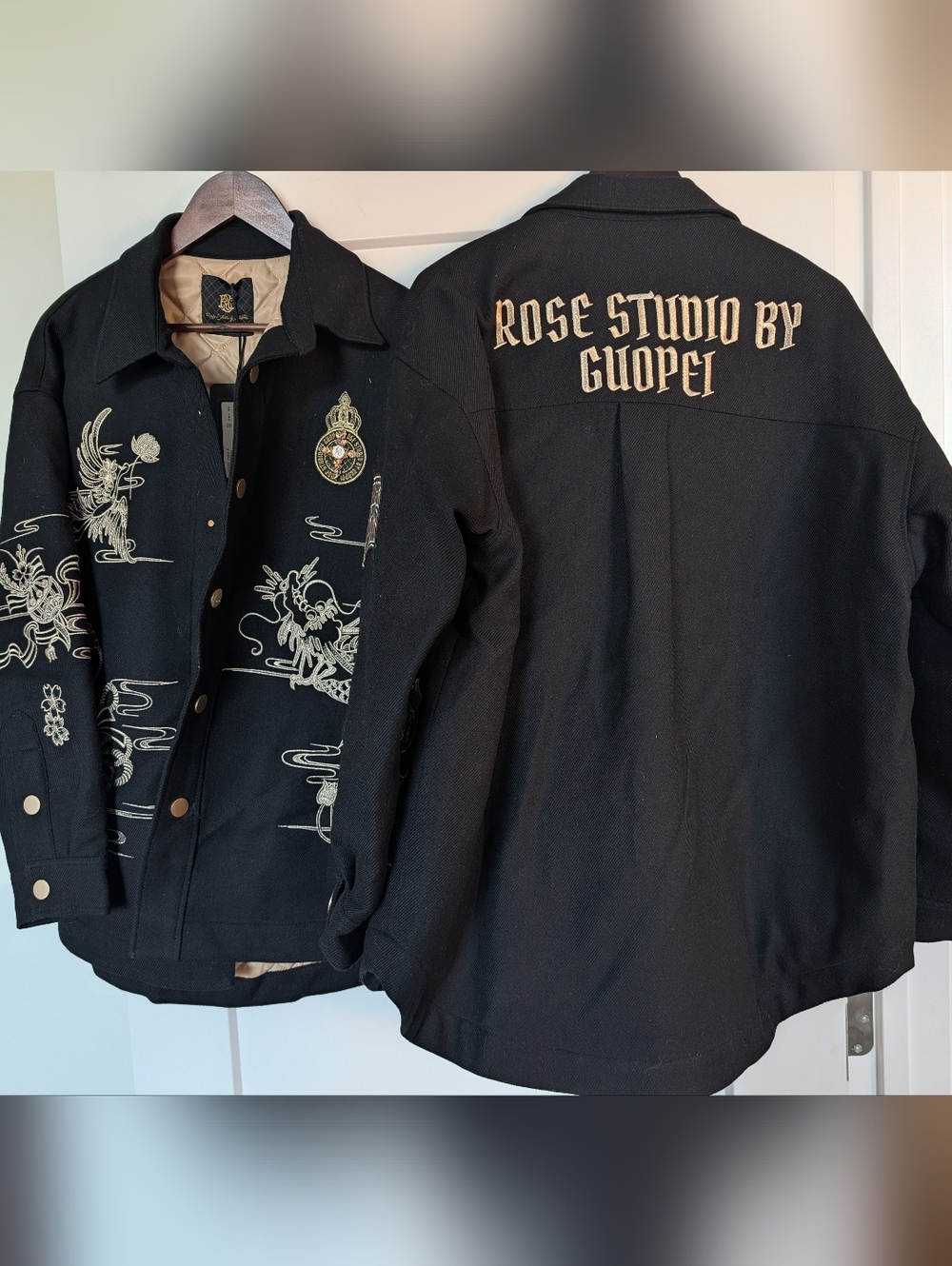 Rose Studio By Guopei-Embroidered Black Jacket with Beige Dragon Motif - Picture 4 of 12